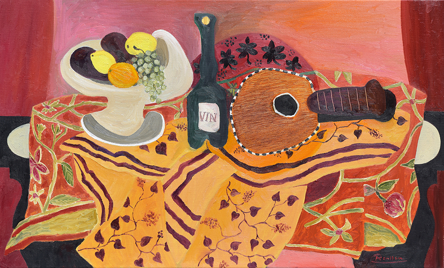 Fruit, bottle and mandolin on a table