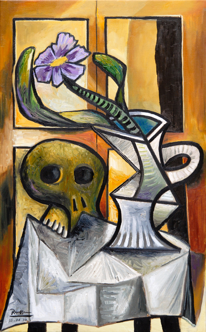 Skull and pitcher with flower and leaves I