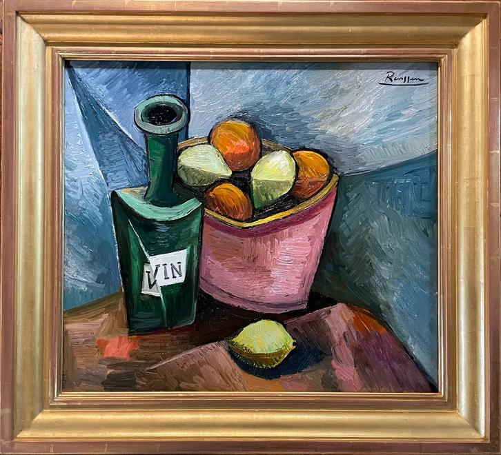 Still life with bottle oranges and lemons 