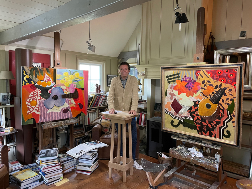 Mandolin, book and leaves in a bowl