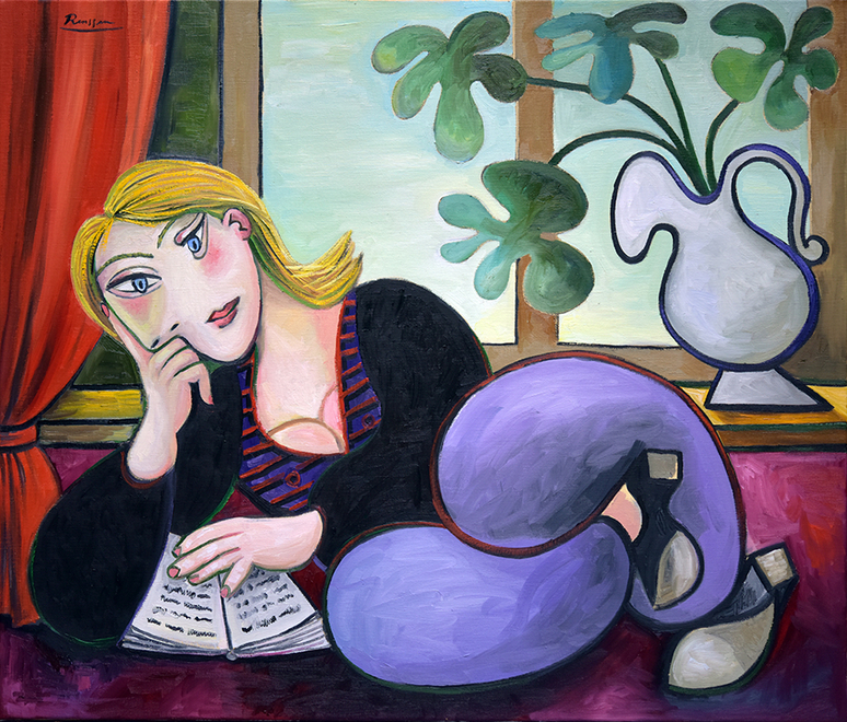 Reading woman in front of a window