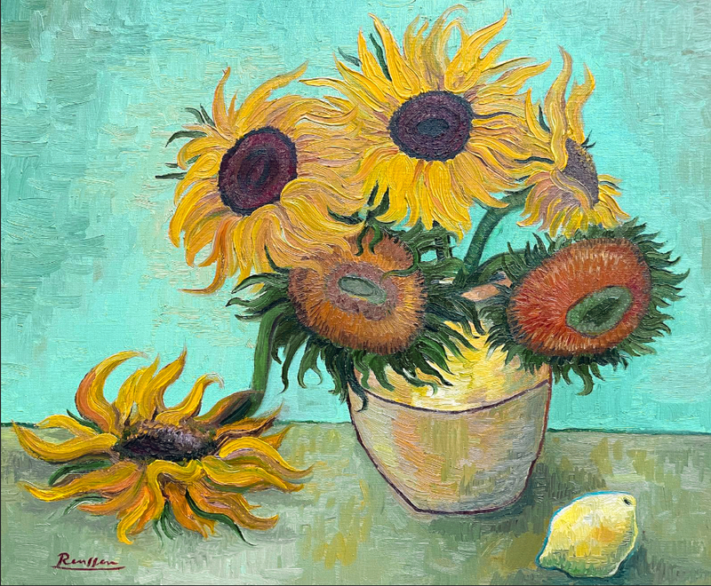 Sunflowers and lemon on a table