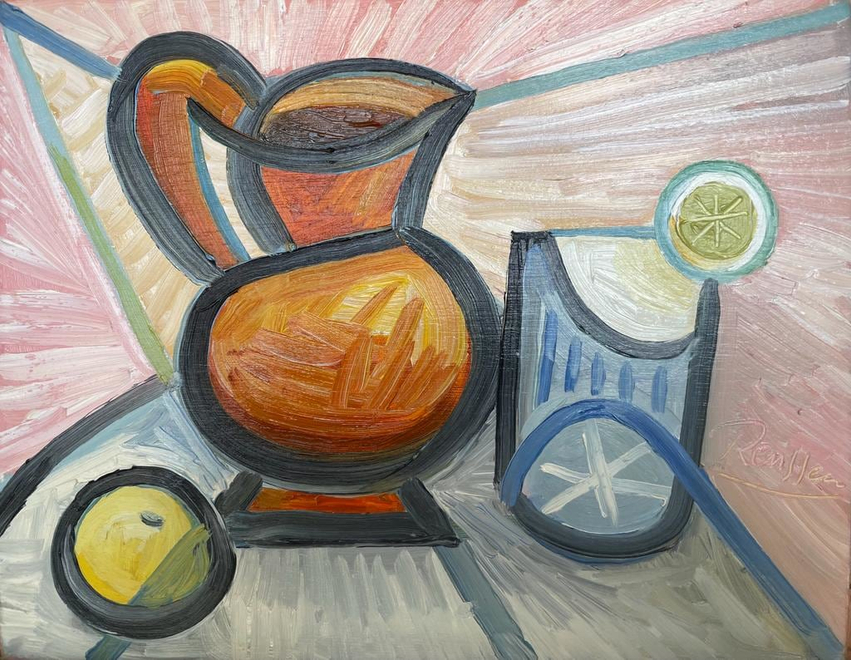 Pitcher, lemon and glass