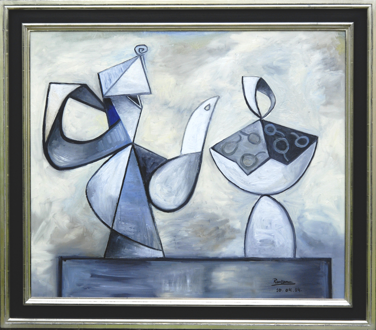 A coffee pot and cherries in a bowl