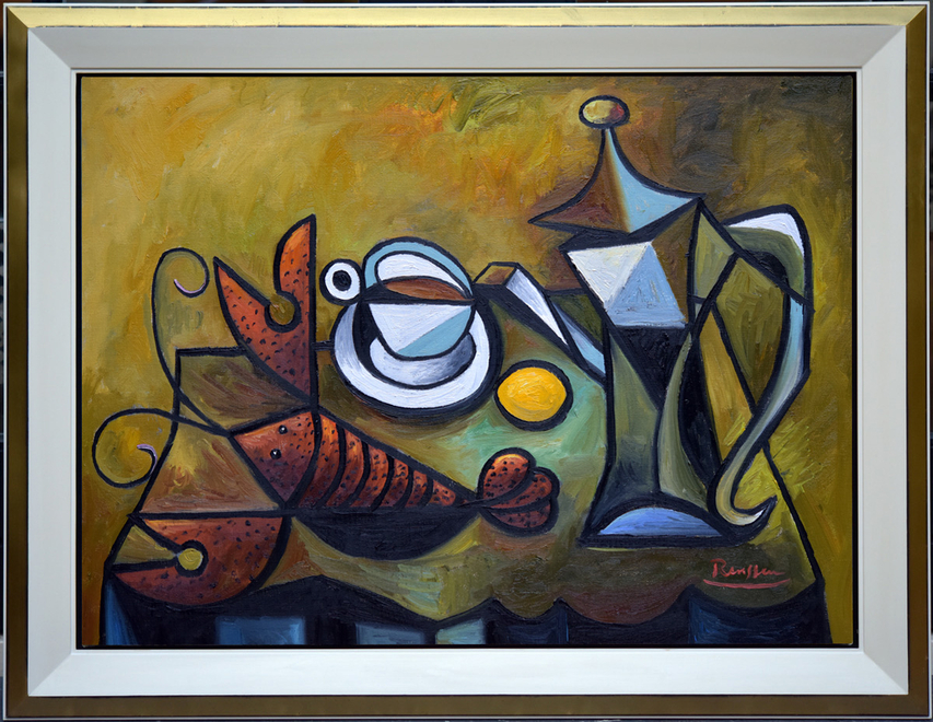 Lobster and coffee pot on a table