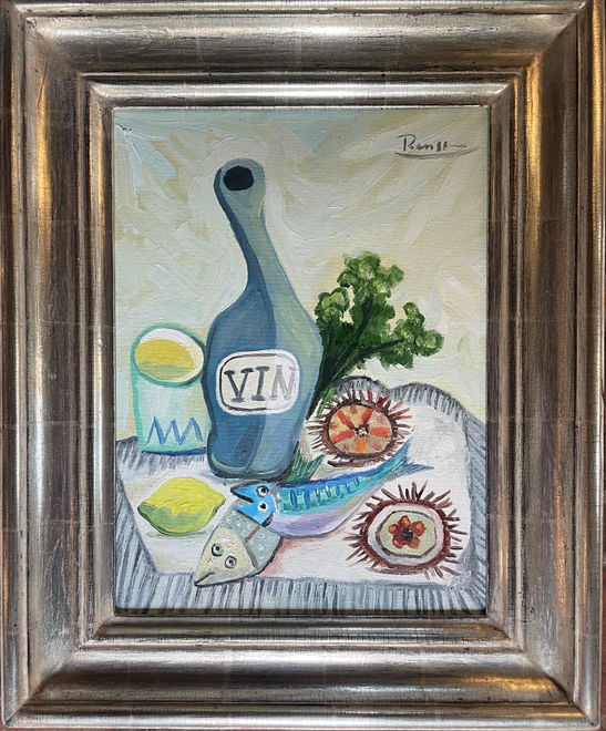 Bottle of wine, urchins, fish and lemon on a table