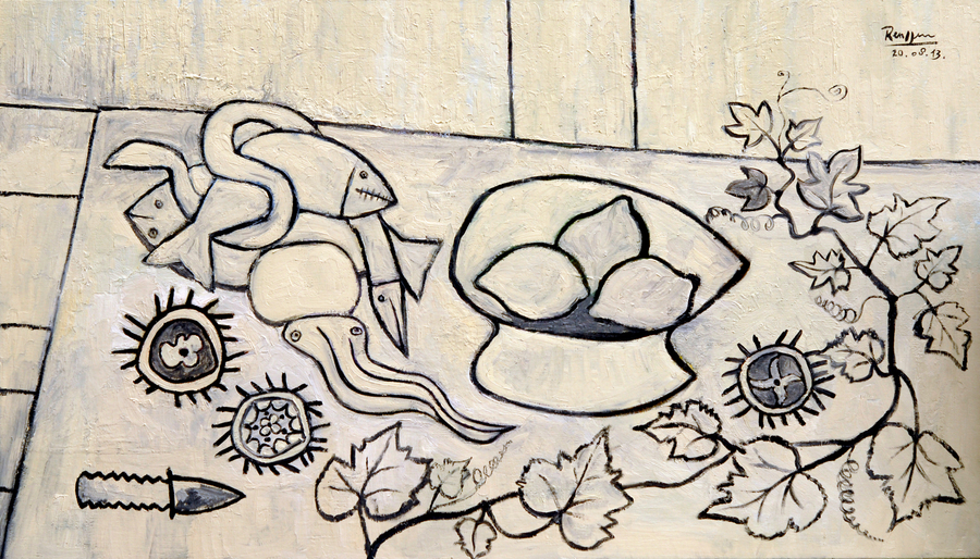 Fish and lemons on a table