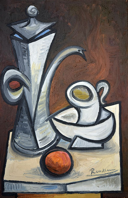 Coffee pot, cup and saucer and orange