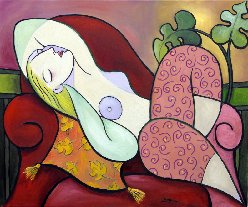 Reclining lady on a red sofa