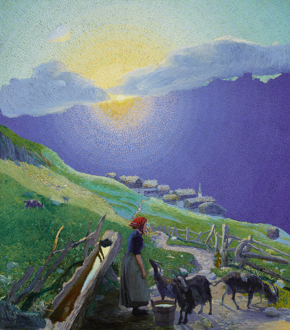 Waldemar Fink  Shepherdess with Flock in the Alps at Sunrise