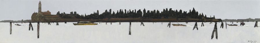 <span class="artist"><strong>John Kelly</strong></span>, <span class="title"><em>Cimitero with Yellow Boat, Venice</em>, 2017</span>