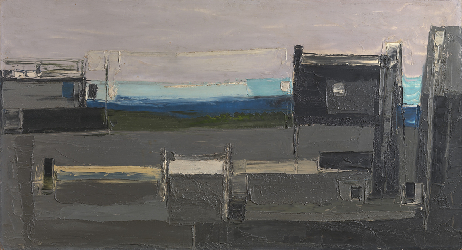 <span class="artist"><strong>Paul Feiler</strong></span>, <span class="title"><em>Evening Harbour, Low Tide</em>, 1953</span>