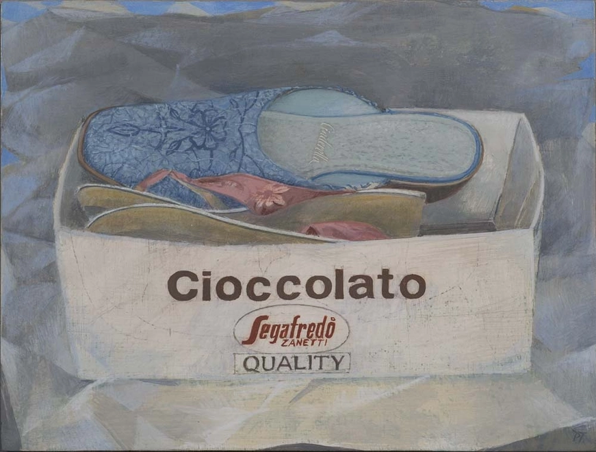 David Tindle RA Cinderella's Package to Iceland, 2005 Egg tempera on board 23 x 31 cm