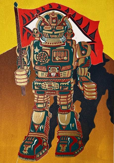 Fernando Feijoo RE (elected ARE 2005, RE 2012)  Revolution  reduction linocut, edition of 30  paper size 30 x 42cm  image size 28 x 40cm  £160 unframed