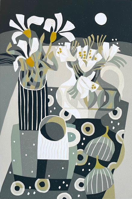 Jane Walker ARE Elected ARE 2019  Moon and Figs  linocut, edition of 12  image size 30 x 20cm  paper size 42 x 30cm  SOLD OUT