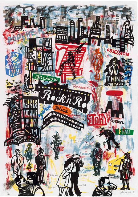 Chris Orr RA Hon RE, Fim Noir - Times Square, New York, lithograph & relief print