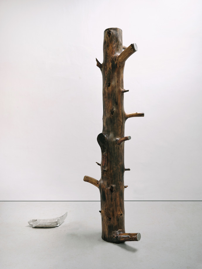 Max Bainbridge: Hollow Bodies (2024), scots pine, pewter and pine tar 223 × 100 × 65 cm (87¾ × 39⅜ × 25⅝ in)