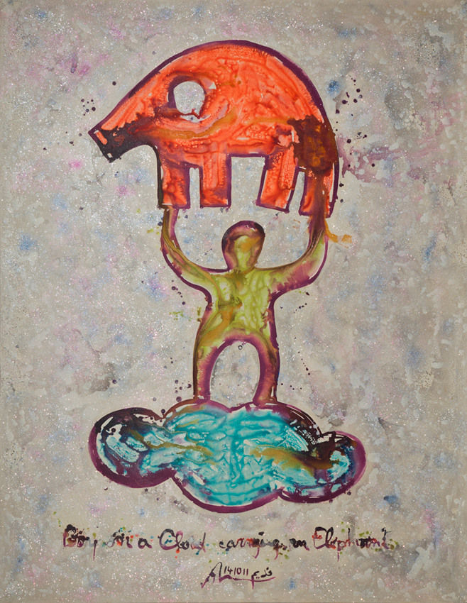 Boy on a Cloud Carrying an Elephant, 2011 Mixed Media on Canvas 255 x 200 cm