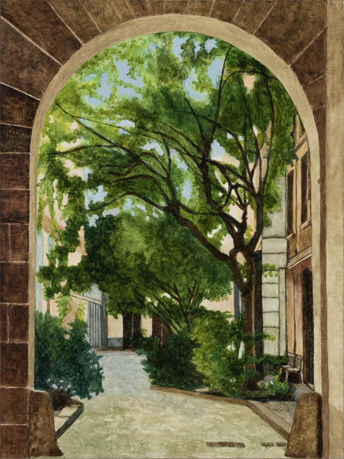 Chantel de Latour Lane off Rue du Temple, Paris, 2026 acrylic on board 20 x 15.5cm, framed