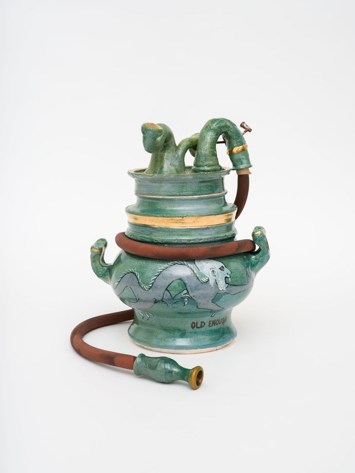 Michael Frimkess A Good Friend, 1969 bone china low fire porcelain china paint 15”H x 10”W X 11”D