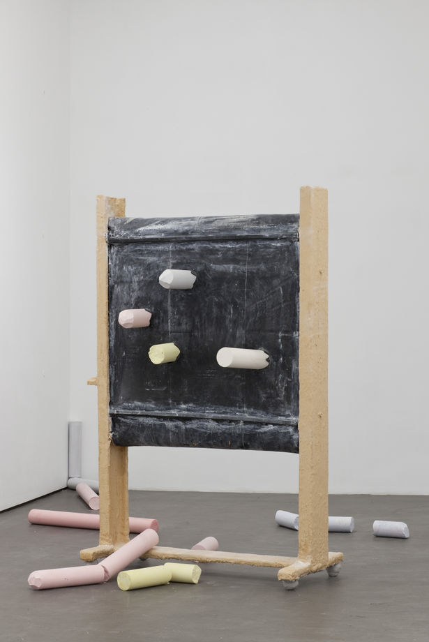 Mick Peter Albert and Jenny, 2011 Acrylic resin, plaster, wood, latex, ink and plastic pipe. Plaster "chalks": 90 x 10 cm - 35 3/8 x 4 in "Black Board": 140 x 210 x 68 cm - 55.1 x 82.6 x 26.7
