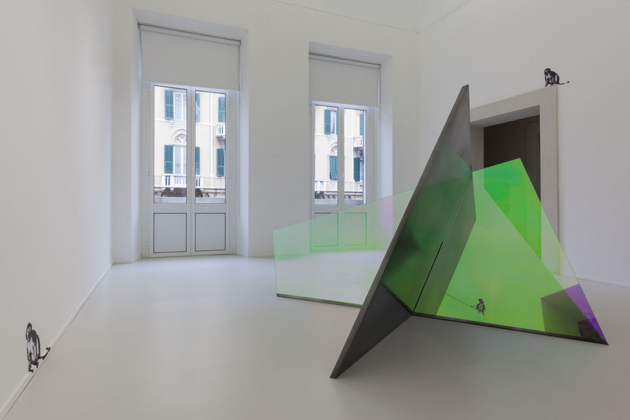 Matteo Negri, Piano Piano, 2016, galvanized iron, liquid chrome, tempered glass and film 257 x 276 x 160 cm