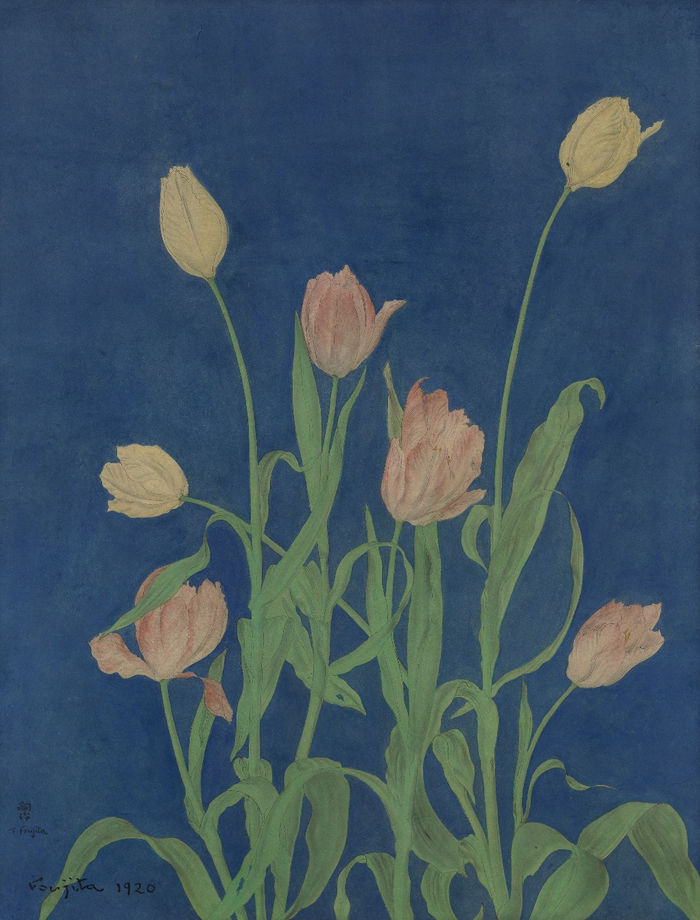 Title: Tulips Artist: Leonard Tsugouharu FOUJITA Work Date: 1920 Materials: Watercolour and ink on paper Size: 39 x 30 cm Additional information: Signed and dated lower left. Countersigned in Japanese lower left Provenance: Succession Kimiyo Foujita