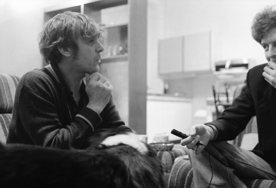 Daniel Meadows (right) interviewing steeplejack Peter Tatham, Rochdale, 1977.