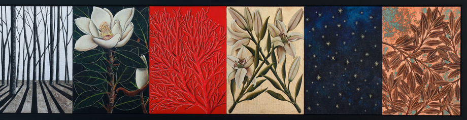 Nicky Foreman Rhythm, 2021 Oils & mixed media on board 35.5 x 152 cm Signed lower right