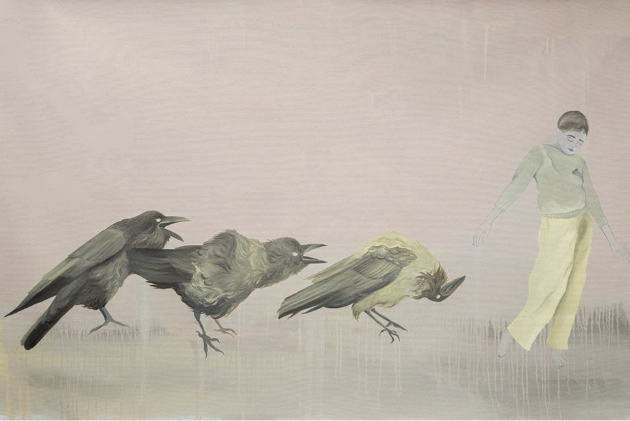 Amina Yahia. يا غراب، انت زعلان مني؟ (oh crow, are you upset with me?). 2025. Oil on canvas. 88 x 138 cm