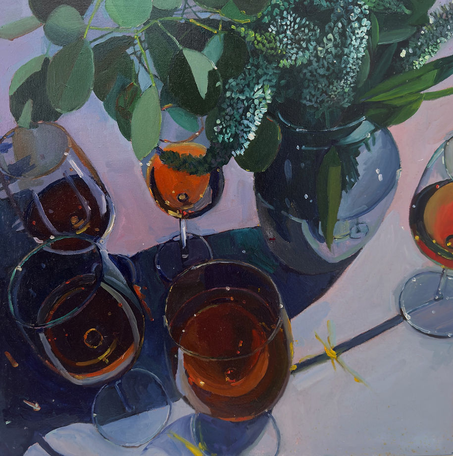 Erika Lee Sears painting titled "Cheers" featuring wine glasses and a vase with plants on a table