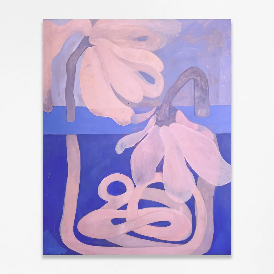 “Gut Feeling” by Magdalena Paz, contemporary acrylic painting featuring simplified pink organic forms and abstract botanical shapes set against layered blue backgrounds.