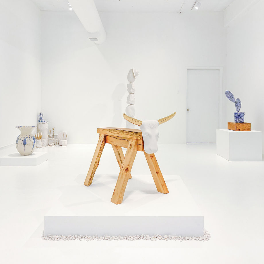 Brock DeBoer solo exhibition "No Bull" installation view featuring various ceramic sculptures