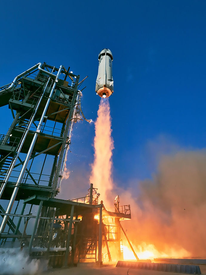 A Blue Origin launch of its New Shepard rocket, showing the location on the nose of the capsule where Suborbital Triptych will be attached. Courtesy of Blue Origin.