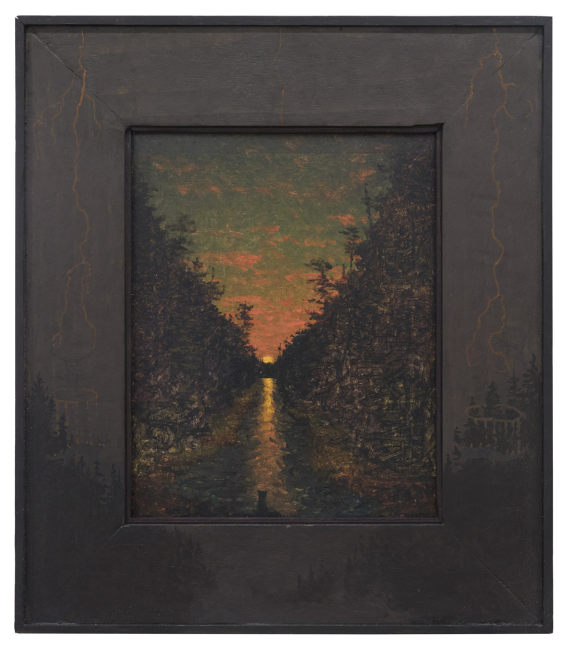 Dibinawe, 2025, oil on rag board, 14 3/4 x 12 3/4 inches, including artist's hand painted frame