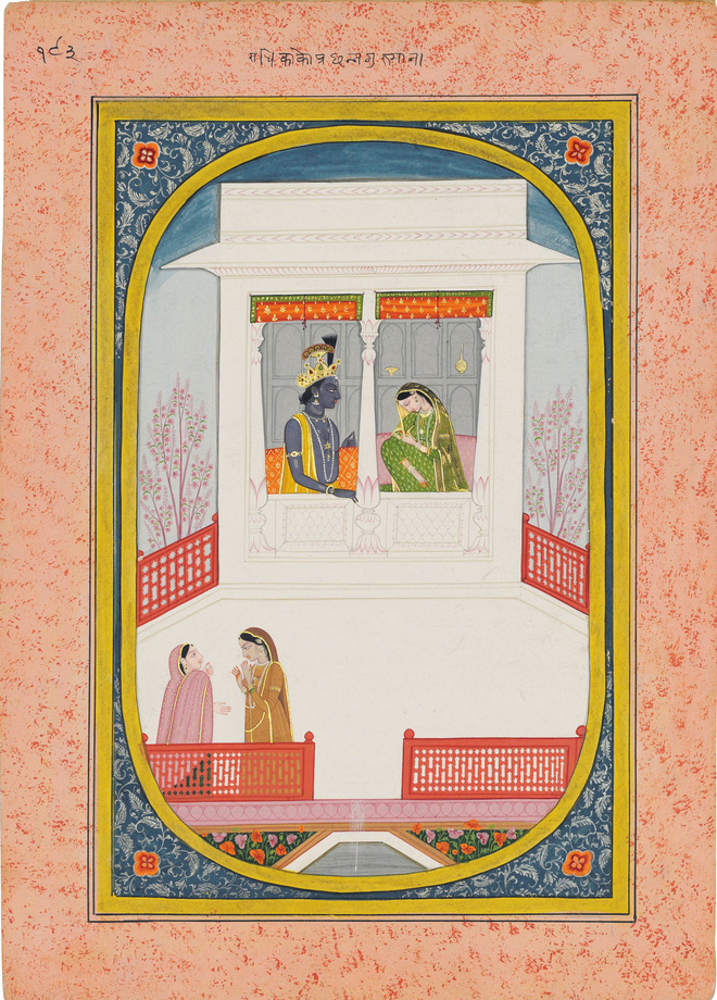 ILLUSTRATION TO A RASIKAPRIYA SERIES: KRISHNA AND RADHA AT A JHAROKHA WINDOW
