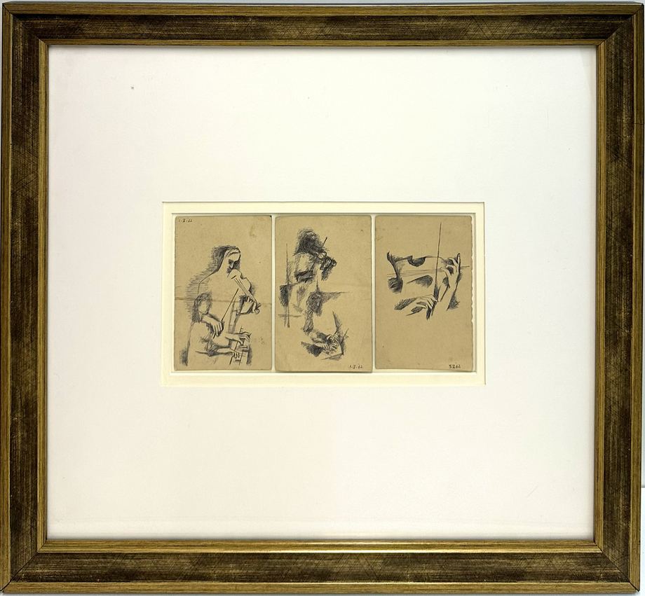 Maqbool Fida Husain, Untitled (Musicians), 1962, Ink on paper, triptych, 5 ½ x 11 in each (14 x 27.9 cm each), HUSMF106