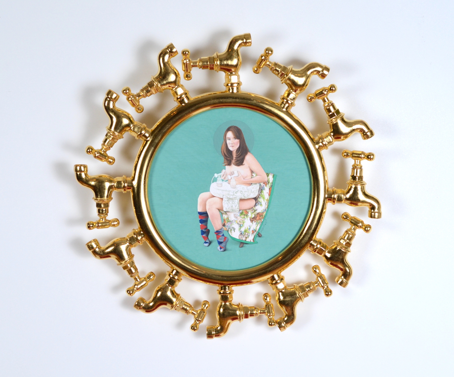 Humaira Abid, Woman With A Breast Pump, 2022,&nbsp;Carved and 24k gold gilded pine, pigments on handmade wasli paper, tru-vu museum acrylic, 18 in diameter (45.7 cm diameter), ABIHU004