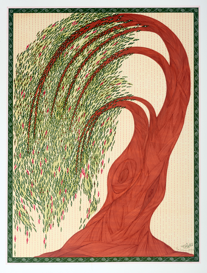 Talha Rathore, Circumscribed Adaptations III, 2022,&nbsp;Gouache, tea stain and archival pen on wasli paper,&nbsp;23 &frac14; x 17 ⅛ in (59 x 43.5 cm), RATTA036