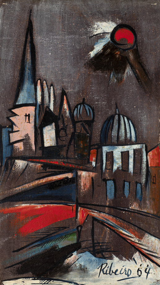 Lancelot Ribeiro, Untitled (Townscape), 1964, Oil and polyvinyl acetate on canvas, 25 ⅖ x 14 ⅖ in (64.5 x 36.5 cm), RIBLA035