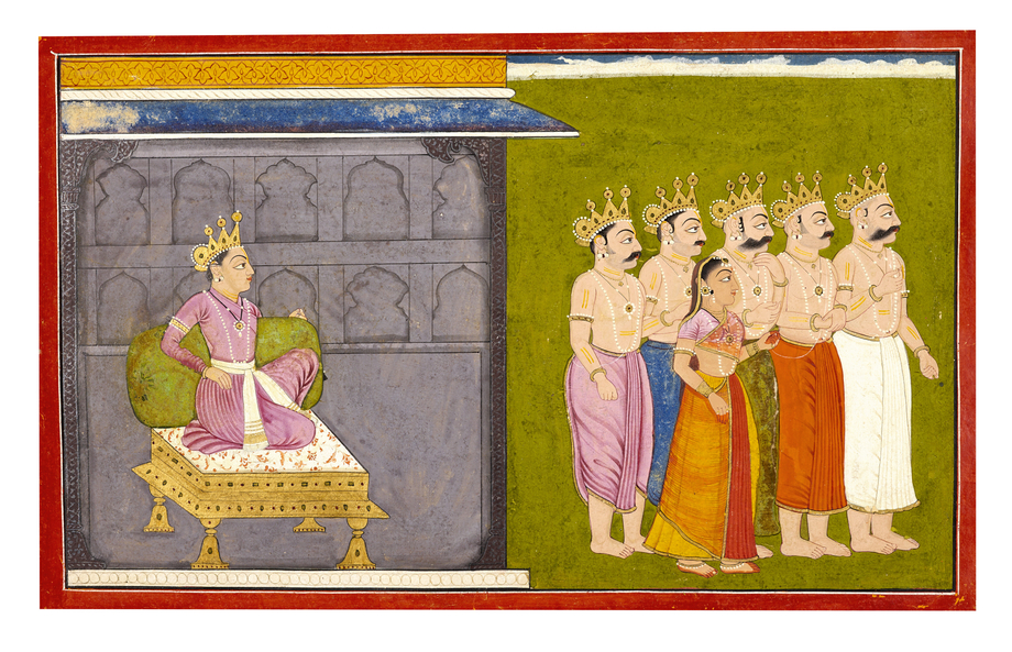 ILLUSTRATION FROM A MAHABHARATA SERIES: DRAUPADI AND HER FIVE&nbsp;HUSBANDS LEAVE AFTER VISITING A PRINCE
