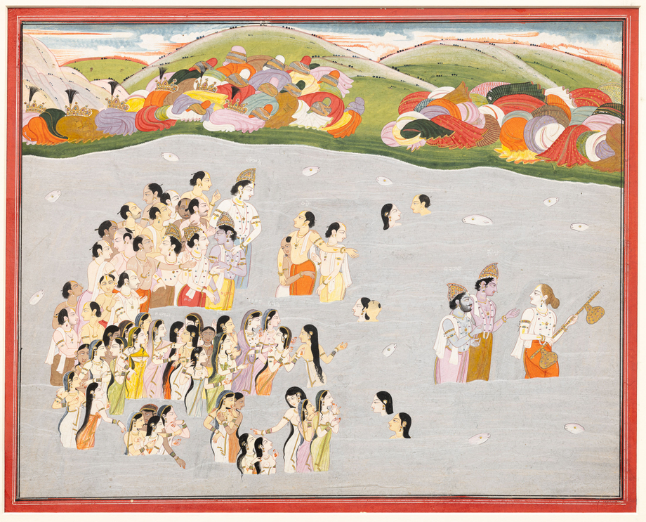 IILLUSTRATION FROM THE HARIVAMSA: KRISHNA, NARADA, AND ARJUNA CONVERSE WHILE THEIR COMPANIONS LOOK ON