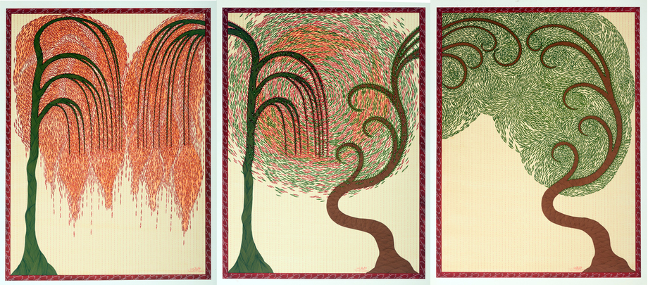 Talha Rathore, Contrary Delectations, 2022,&nbsp;Gouache, Tea Stain and Archival pen on Wasli (Triptych), 23 x 17 in each (58.4 x 43.2 cm each), RATTA032