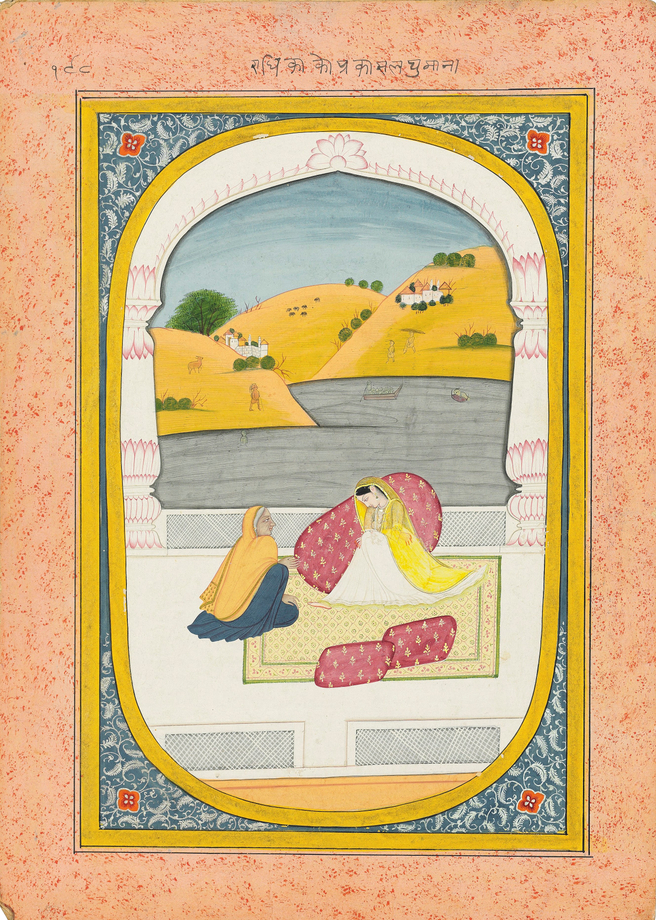 ILLUSTRATION TO A RASIKAPRIYA SERIES: AN OLDER SAKHI COMFORTS A FORLORN RADHA