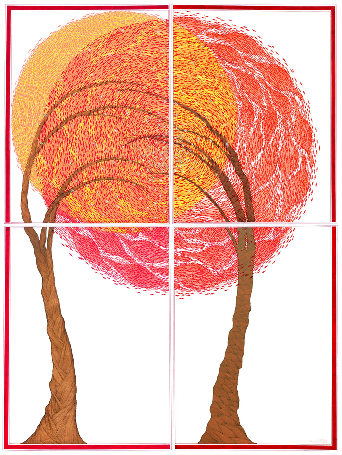 Talha Rathore, Inverted Bliss, 2025,&nbsp;Gouache, Tea Stain and Archival pen and Collage on Wasli paper, Quadriptych,&nbsp;22 &frac12; x 16 &frac12; in each (57.2 x 41.9 cm each), RATTA031