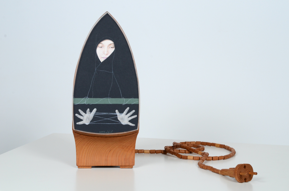 Humaira Abid,&nbsp;Istri Series: Cat's Cradle, 2025,&nbsp;Pine, pigments on handmade wasli paper, plexiglass,&nbsp;11 x 7 x 4 &frac12; in (27.9 x 17.8 x 11.4 cm), ABIHU001