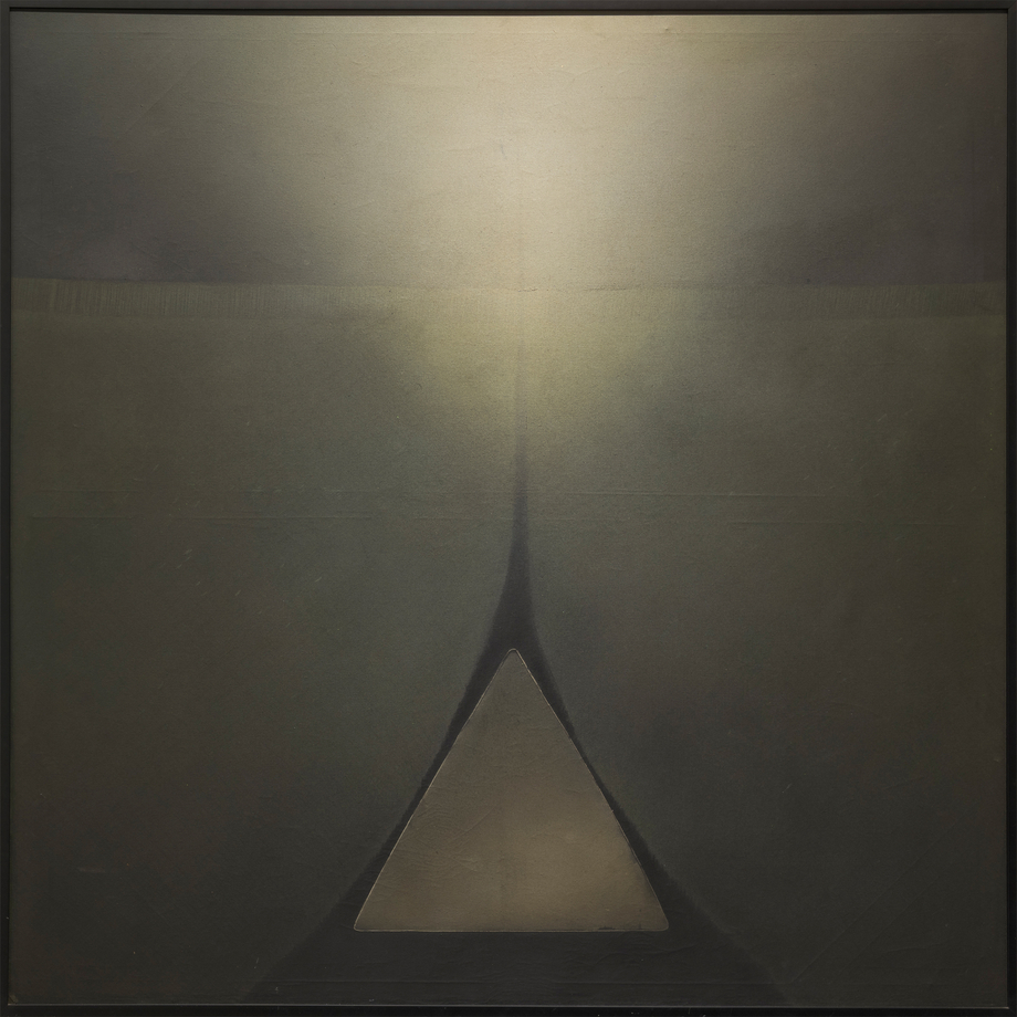 Dark abstract painting with a triangle of light at bottom