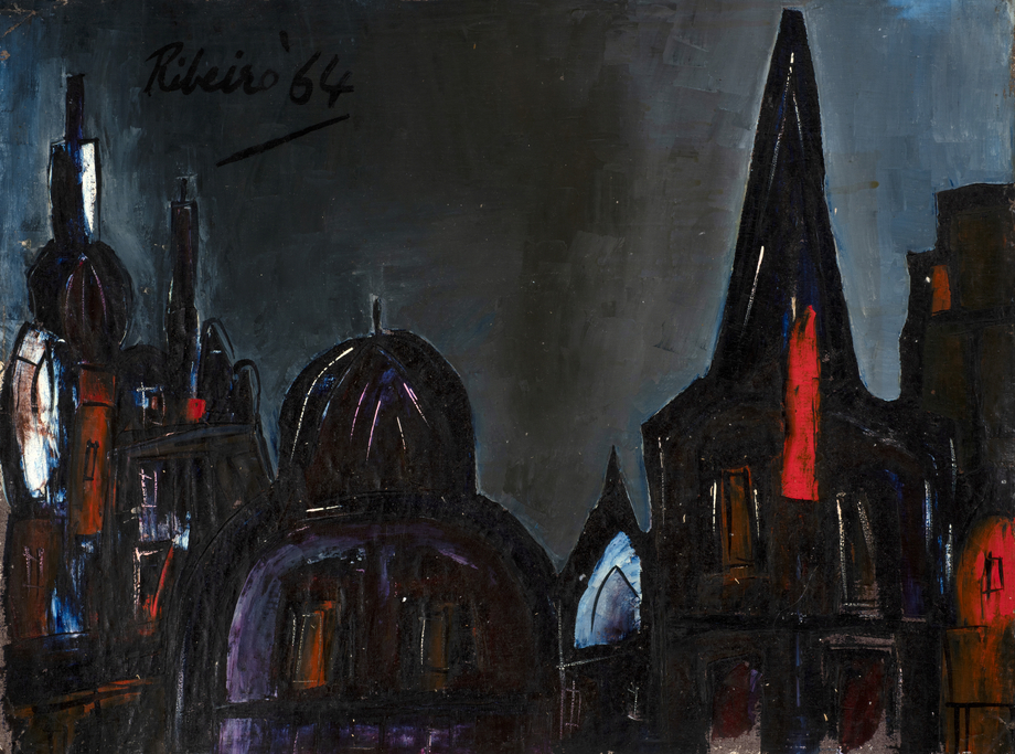 Lancelot Ribeiro, Untitled (Townscape), 1964, Oil and polyvinyl acetate on canvas, 17 ¾ x 24 in (45 x 61 cm), RIBLA034