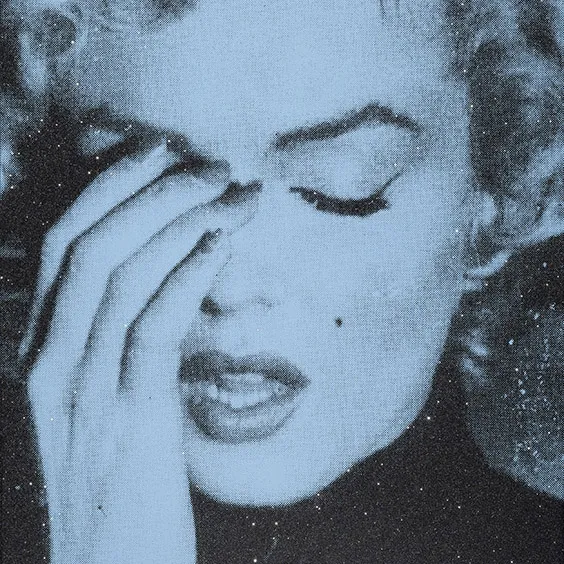 Detail from Russell Young's "Marilyn Crying Diamond (Sunset Blue)" acrylic, oil-based ink and diamond dust hand-pulled screen print on linen