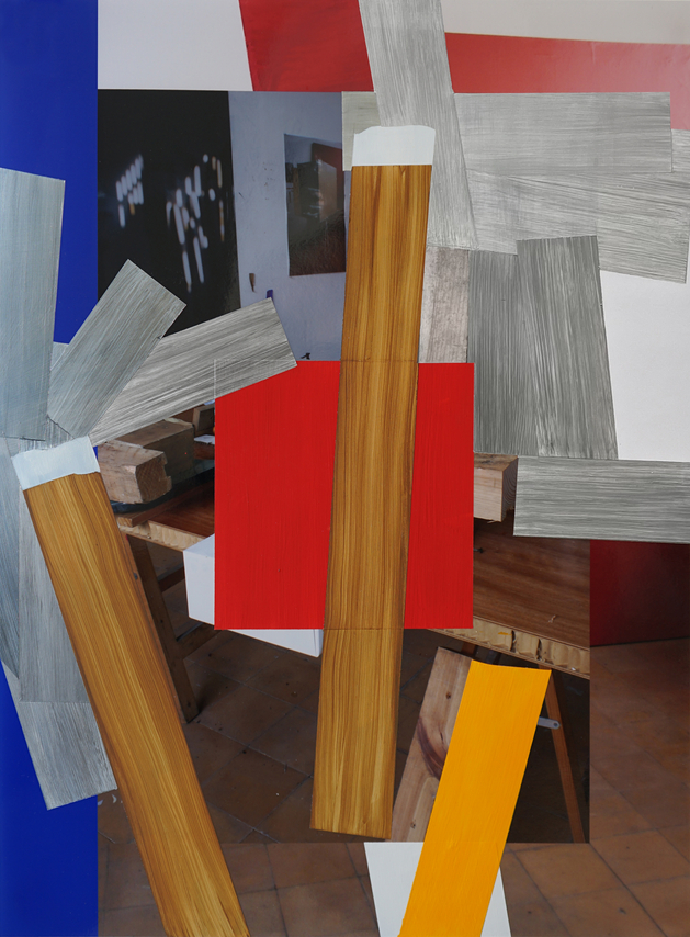 Pello Irazu, Demolition Strategies 1, 2025. Acrylic paint on photograph, 25 1/2 x 17 3/4 inches.